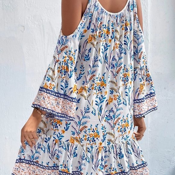 Multicolor Boho Womens Floral Print Cold Shoulder Tassel Trim Ruffle Hem… - Picture 2 of 5